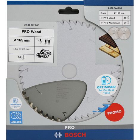 Jeu de lames de scie circulaire Bosch PRO Wood\/alu pour batterie, lot de 2, 165 x 20 mm (1/2)