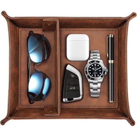 Bandeja organizadora de piel sintética con 2 compartimentos para monedas, llaves, cartera y accesorios (marrón). (1/5)