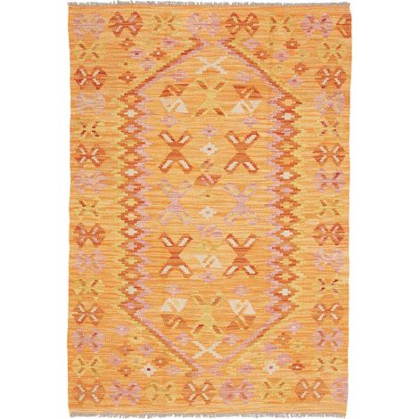 Tapis kilim 102 x 148 cm, motif ethnique, orange, rose et rouge, en laine naturelle, fabriqué au Pakistan (1/5)