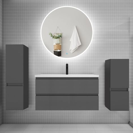 Ensemble meuble vasque L.99cm 2 tiroirs + lavabo + LED miroir rond 100cm + 2colonne,anthracite (1/5)
