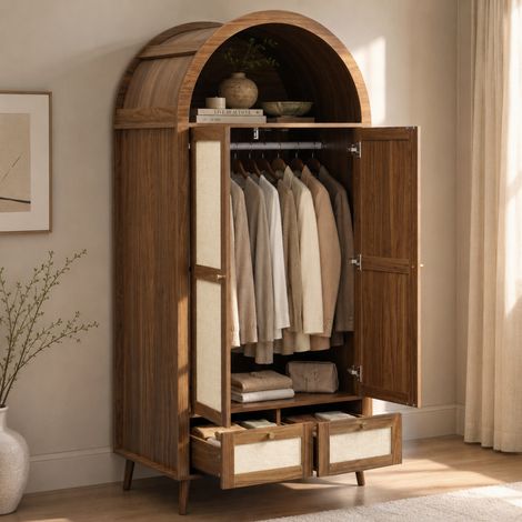 Armoire penderie 2 portes et 2 tiroirs, 180 cm, en MDF finition bois foncé et résine tressée beige, avec tringle, niche ouverte et design voûté – CHICFURN (1/5)