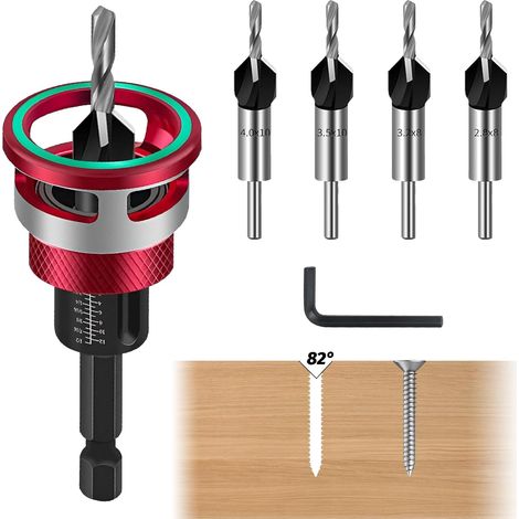 6 tlg Kegelsenker Bohrer Set, Senker Holzbohrer mit Tiefenanschlag, Teilige Bohrsenker, Holzbohrer mit Senker, Präzise Bohrungen, Bohrsenker mit 1/4" Hex Schaft, für präzise Holzbohrungen (1/5)