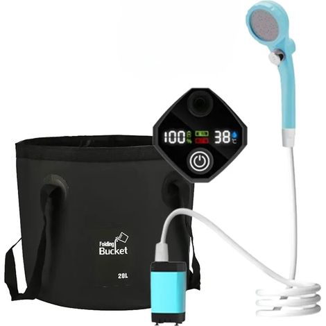 Douche de camping portable (6000 mA, bleu ciel) avec pompe rechargeable et sac pliable de 20 L inclus. Idéale pour les voyages, le jardinage et le lavage de voiture. (1/4)