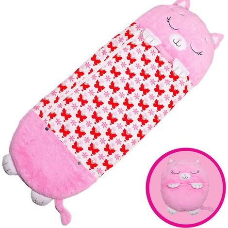 Mignon Sac de Couchage et Oreiller 2 en 1 Happy Nappers pour Enfant,Sac de couchage pliable avec couette anti-coups 135 × 50cm Chat rose (1/3)