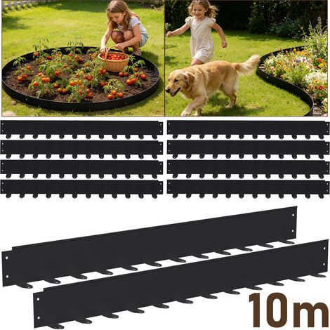 Jiubiaz Bordüre aus flexiblem Stahl für Garten & Rasen - 10 Paneele à 100 cm (10 m Gesamtlänge) - Höhe 5 cm - Farbe Schwarz - inkl. 120 Erdankern & Befestigungsnägeln