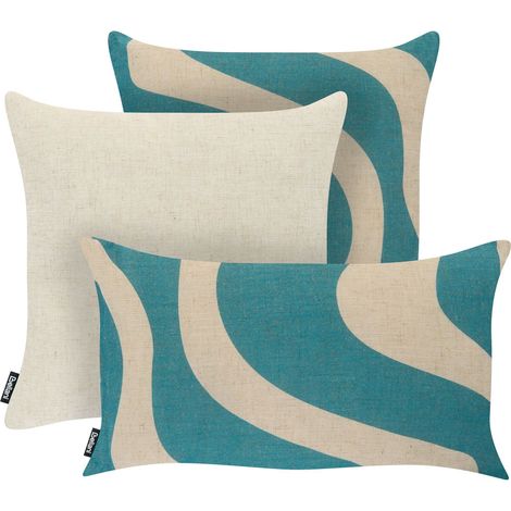 Set of 3 Outdoor Throw Cushions Beige and Blue Polyester with Linen Decorative Garden Accessory Abstract Pattern AURINIA (1/5)