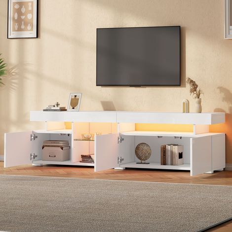 Meuble TV brillant avec 3 portes, étagère en verre réglable, LED, panneau de particules, 180x35x45 cm, blanc