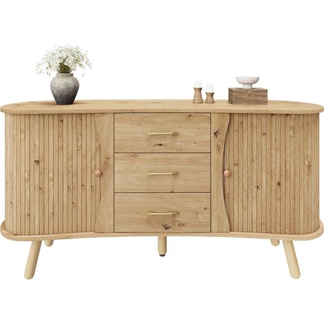 Buffet scandinave motif rainuré 2 portes coulissantes 3 tiroirs pieds bois massif MDF dimensions 150x36,5x75 cm - Naturel (1/5)