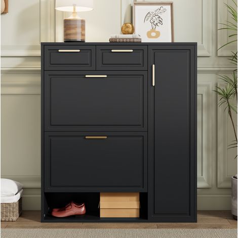 Scarpiera 95x24x107 cm nera in truciolare e MDF con ripiani regolabili, cassetti e vani aperti (1/5)
