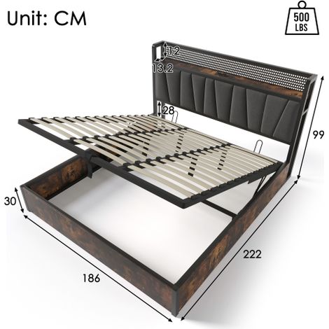 Lit double en métal rembourré (180 x 200 cm) avec éclairage LED contrôlable par application, ports de charge USB et tête de lit  sommier à lattes en bois  gris (matelas non inclus). (1/5)