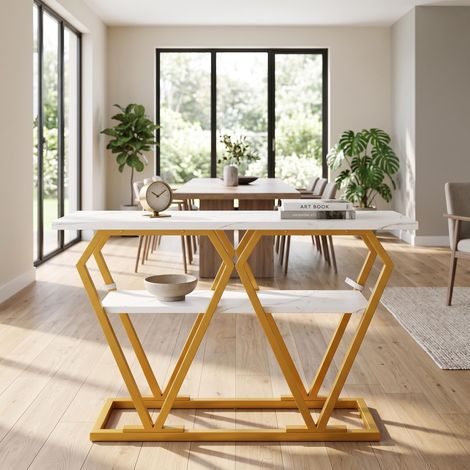 FurnitureR White Marble Narrow Console Table 120x29.5cm Gold Metal Base (1/5)