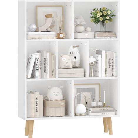 Bibliothèque Modulable 7 Cases sur Pied - Rangement Intégré 110cm en Bois Blanc Design Épuré Sans Montage, Meuble Multifonction pour Salon/Chambre & Télétravail (1/5)