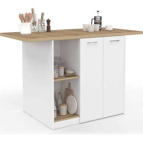 Idmarket – Îlot central bois blanc 140 cm – Plan de travail hêtre 3 cm – 4 personnes – Rangement avec placard et étagères latérales