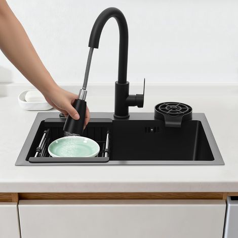 Évier de cuisine, encastrable, 55 x 40 cm, en acier inoxydable, noir, avec robinet, pour cuisine, restaurant, multifonction, avec distributeur de savon et lave-tasse (1/5)