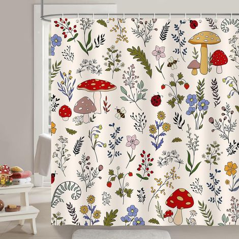 Rideau de Douche Champignon Fleurs, Rideau de Baignoire Plante Rustique Vintage Ferme Boho 180 x 180 cm Polyester Imperméable Résistant à la Moisissure 12 Crochets (1/5)
