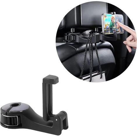Support d'appui-tête, crochet de voiture avec support pour téléphone, crochet arrière à 360° pour sièges auto, idéal pour sac, portefeuille, tissu, courses, rangement de siège arrière, organisateur de (1/5)