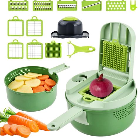 Coupe Legumes Multifonctions 12 en 1, Mandoline de Cuisine avec Récipient, Decoupe Legumes Cube Oignon Carotte Concombre Tomates avec Panier d'égouttage, Brosse de Nettoyage et éplucheur (1/5)