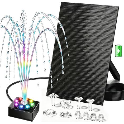 Pompe bassin solaire 8W batterie 1800mAh - Fontaine solaire l'extérieur, bain d'oiseau, petit bassin jeu d'eau - 10 styles jet 8 LED (1/5)