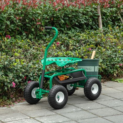 Sedia da giardino con ruote, sedile girevole e regolabile in altezza, vassoio porta attrezzi, cestino da esterno, verde