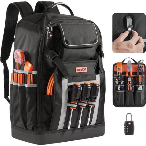 Mochila para herramientas VEVOR, 56 bolsillos, organizador resistente, compartimento para portátil, base moldeada, 14-16 pulgadas (1/2)