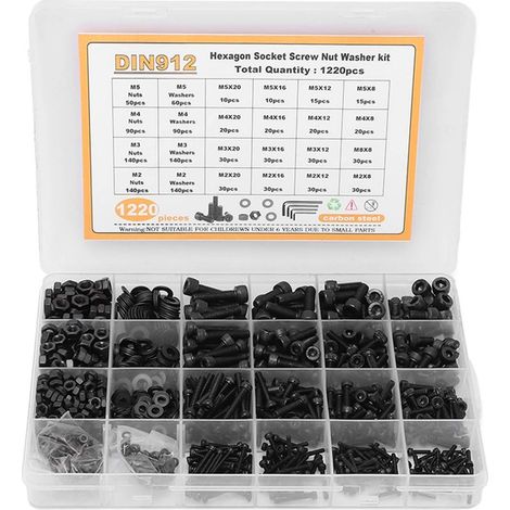 Kit de rondelles d'écrous à vis à six pans creux, 1220 pièces, assortiment de têtes de capuchon en acier au carbone M2 M3 M4 M5 noir. (1/5)