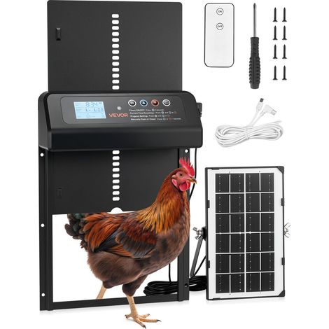 Porte Automatique Poulailler Solaire et à Pile, Ouvre-Porte Automatique pour Poulailler, avec Télécommande, Capteur de Lumière et Minuterie, Anti-Pincement, Écran LCD, en Alliage d'Alu, Noir (1/5)