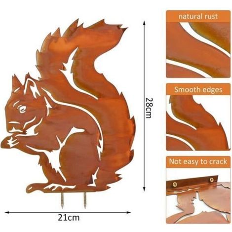 Rostiger Gartenstecker aus Metall – Eichhörnchen-Silhouette mit Schraube – Mehrfarbige Gartendekoration (1/3)