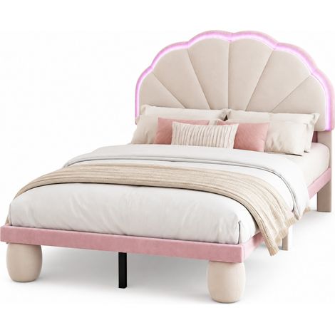 Lit simple enfant 90x200 cm en velours beige et rose avec LED multicolore, tête de lit ondulée, lattes en bois, pieds rembourrés, chambre enfant - CHICFURN (1/5)