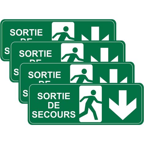 Lot de 4 autocollants Sortie de secours (flèche bas) - Vinyle adhésif (250 mm x 90 mm) (1/3)