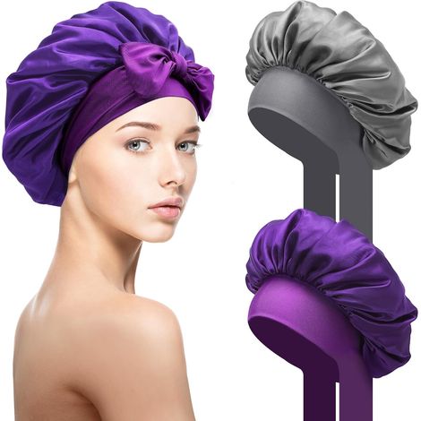 Satin-Nachthauben – 2er-Set – Weich und atmungsaktiv – Schutz für lockiges Haar – Damen – Hellgrau und Lila (1/5)