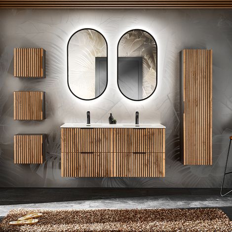 Set aus Doppelwaschtisch 120cm LED-Spiegel und 3 Hängeschränken Gaia Holz und Schwarz (1/5)