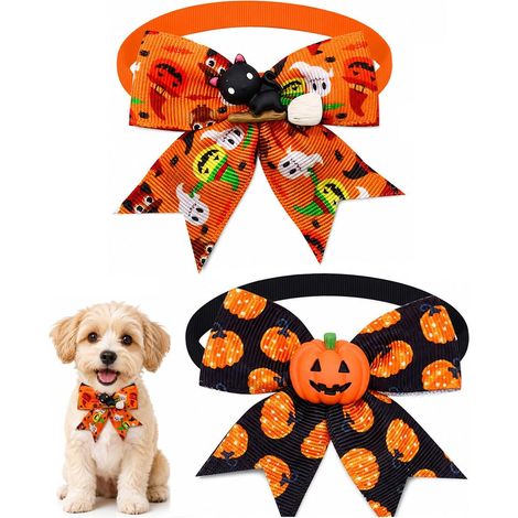 Collier Halloween Chien Chat 2 Pièces, Fermoir Sécurité Réglable, Nœud Papillon Léger pour Confort Absolu et Animaux Actifs (1/5)
