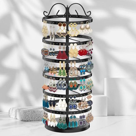 6 niveaux porte-boucles d'oreilles pivotantes, porte-bijoux, porte-bijoux suspendus boucles d'oreilles organisateur colliers rotatifs bijoux affichage stand pour colliers, montres et bagues (1/5)