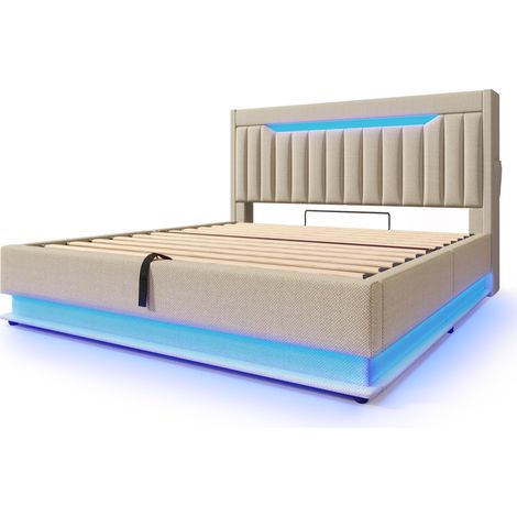 Cama doble 160x200 cm beige en lino con almacenaje, LED, USB y USB-C, colchón incluido (1/5)