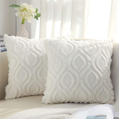 Lot de 2 housses de coussin décoratives en fausse fourrure blanche crème 45 x 45 cm