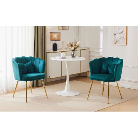 Lot de 2 fauteuils en velours vert, dossier pétale capitonné, coussins assortis, pieds en métal finition dorée, charge 150 kg (1/5)
