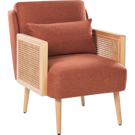 Sillón tradicional de poliéster estructura de madera con ratán trenzado patas de madera tapones de plástico con cojín naranja Orum