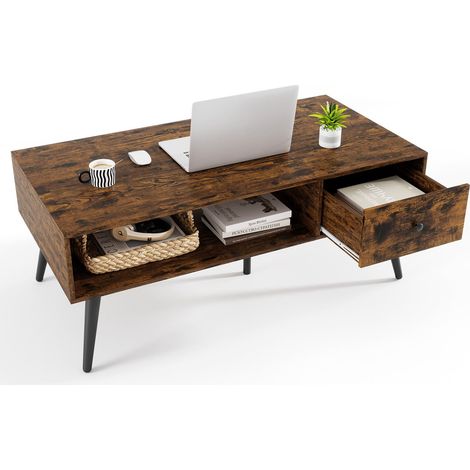 COSTWAY 109 CM Rectangular Wooden TV Stand Entertainment Center w/Open Shelf Rustic Brown (1/5)