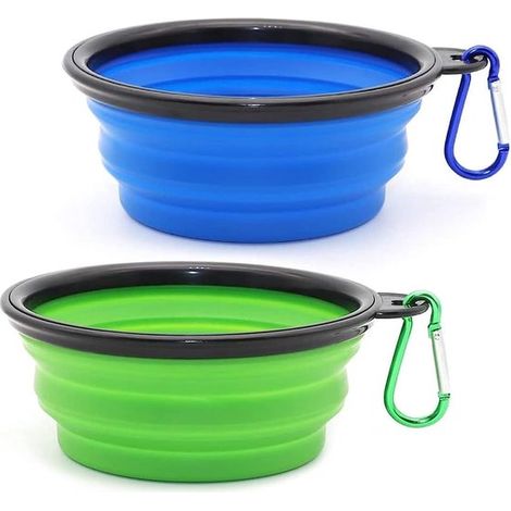 Lot de 2 gamelles pliables – 350 ml – Bleue et verte – Mousquetons inclus – Randonnée et voyages – Chien et chat (1/5)