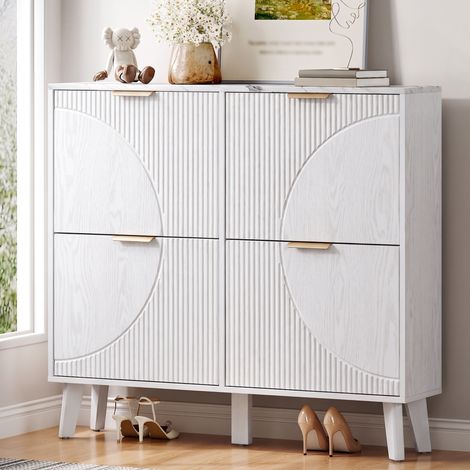 Meuble à chaussures 105 cm avec 4 abattants, pour 16-24 paires, plateau effet marbre et panneaux 3D bois, pieds en bois, rangement entrée, blanc