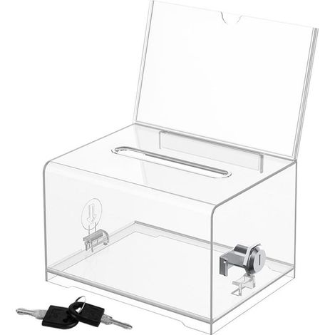 Boîte de dons en acrylique verrouillable Urne de vote transparente avec serrure à clé Pour cartes de visite,votes,jeux au sort,avec autocollants (1/5)