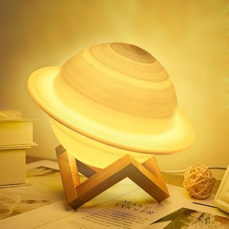 Rechargeable LED Moon Lamp, 16 Colors, 3D Saturn Lamp, 15CM Dimmable Night Light with Wooden Stand and Hanging Net, Remote Control and Touch Control - Perfect Gift for Baby Friends (1/5)
