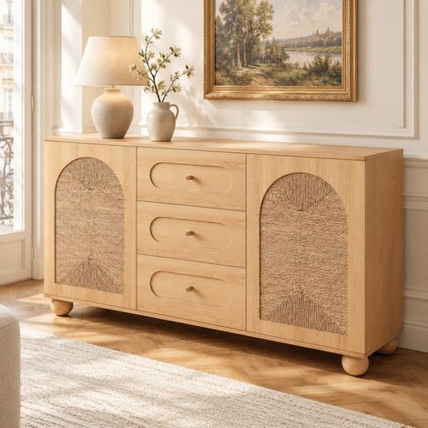 Sideboard 140 x 40 x 80 cm mit 2 Türen aus Kordengeflecht und 3 Schubladen, natur HAVRYA (1/5)