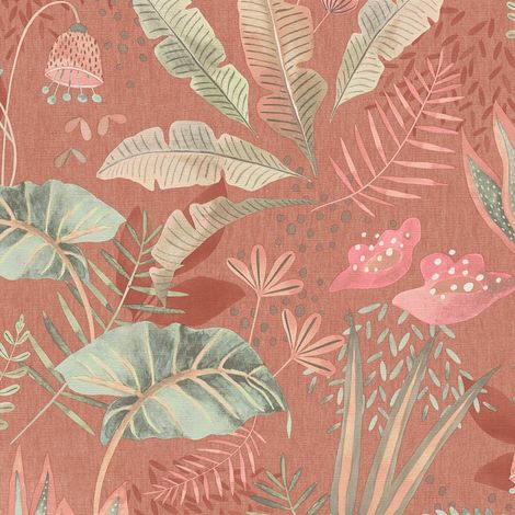 Papier peint rétro Profhome 393482 papier peint intissé gaufré à chaud légèrement texturé avec des ornements floraux mat rouge orangé-saumon vert clair rose 5,33 m2