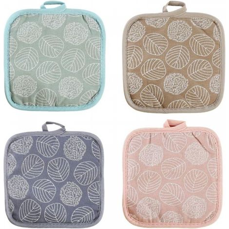 4 Pcs Maniques Cuisine en Coton et Lin Résistants à la Chaleur avec Trous de Suspension pour Protection de Main et des Surfaces (Motif Feuille) (1/5)