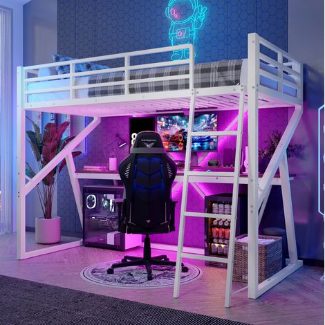 Letto a soppalco per bambini 90x200 cm, con scrivania, scala, luci LED multicolore, metallo, bianco (1/5)