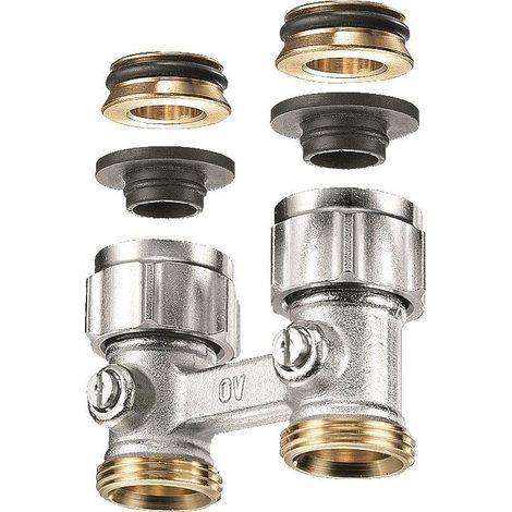 Bloc de robinet à deux tuyaux Oventrop, raccord de coupure, filetage ÜM 3/4" x femelle 3/4", forme traversante