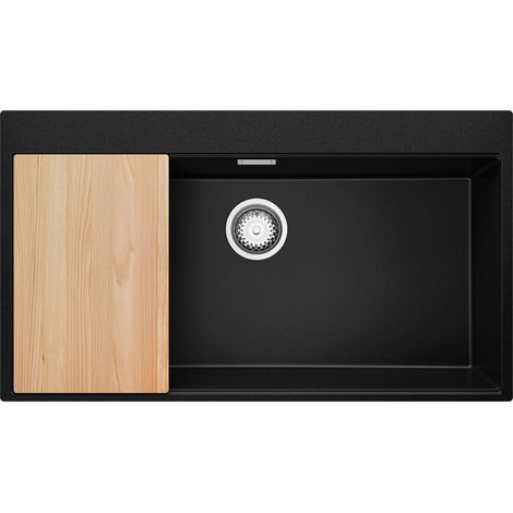 PRIMAGRAN Evier Cuisine en Granit 88x50cm, Lavabo 1 bac + Kit de Vidage + Planche à Découper, Évier à Encastrer au meuble 90cm - Oslo, Noir
