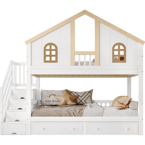 Lit superposé enfant 90x200 cm avec fenêtres, tiroirs, escalier de rangement et sécurité 4 côtés, blanc et bois clair pour chambre d'enfant – CHICFURN (1/5)