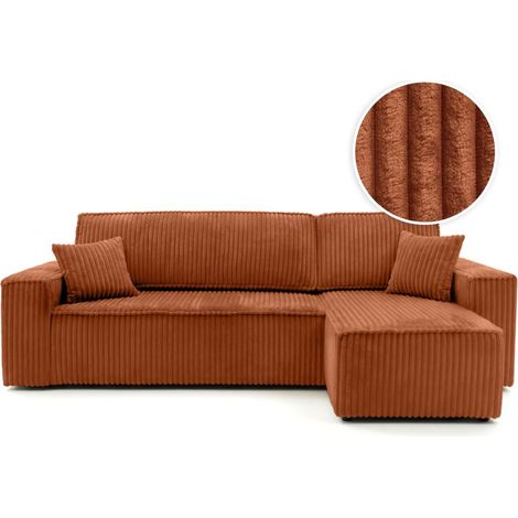 Canapé d'angle convertible et réversible 4 places FARAH en velours cotelé épais - Terracotta
